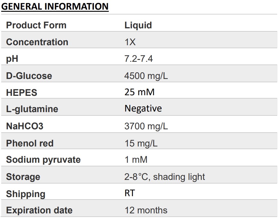 DMEM (High glucose) (with HEPES, without L-glutamine)