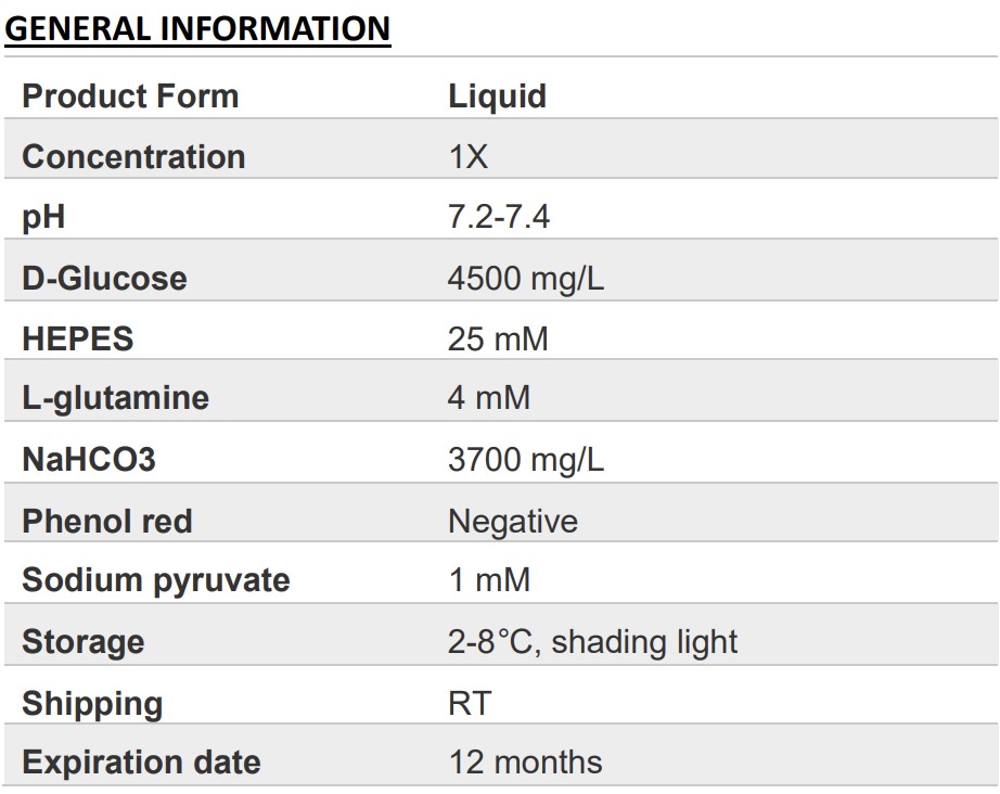 DMEM (High glucose) (without phenol red, with HEPES)